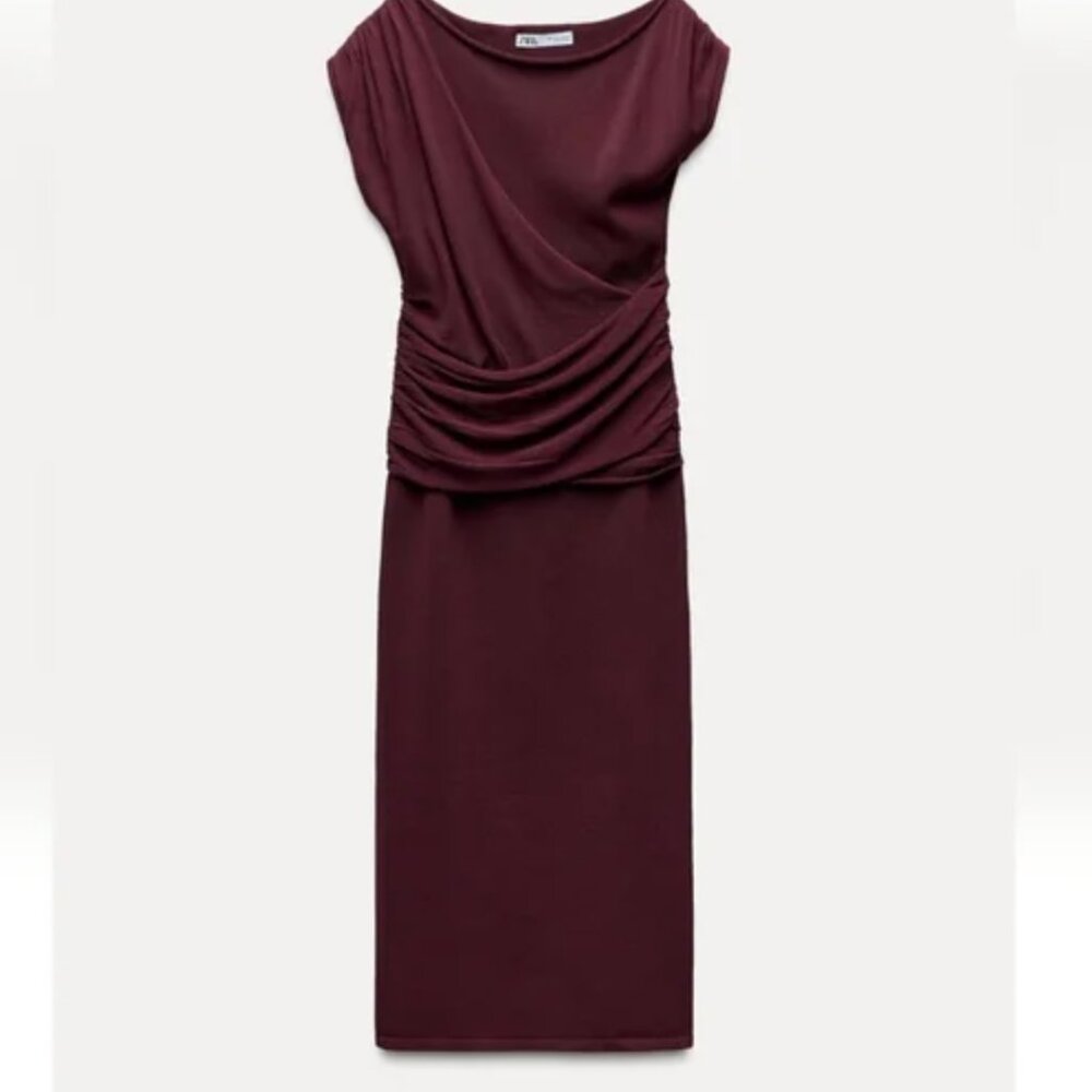Zara Red Ruched Cowl Neck Sheath Dress